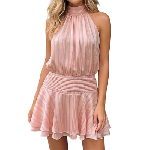 Image of Women's 2026 Summer Halter Dress Sleeveless Open Back Ruffle Tiered Layered Chiffon Pleated A Line Swing Mini Dress