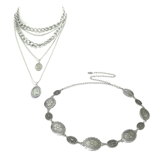 Women's Silver Retro 2-Piece Set: Cowboy Waist Belt with Concho & Double Layer Coin Pendant Necklace for Cowgirl Punk Country Concert Outfit