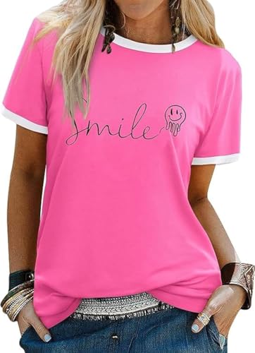 Image of WIEIYM Womens Smile T Shirt Summer Tee Crew Neck Short Sleeve Top Pink