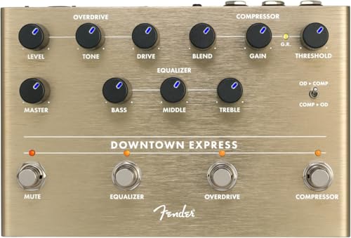 Fender Downtown Express Bass Multi-Effektpedal, Kompressor, Overdrive, 3-Band EQ, Direktausgang, LED-beleuchtete Regler, Effektreihenfolge-Umschalter