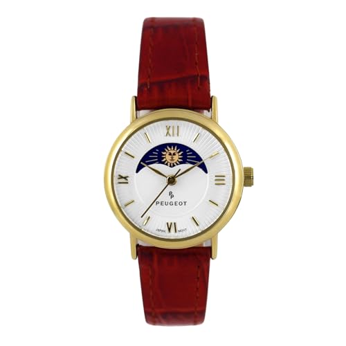 Peugeot Women 14K Plated Sun Moon Phase Vintage Dress Analog Watch with Leather Strap