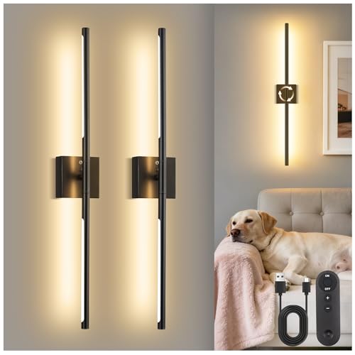 Image of DORESshop Battery Operated Wall Sconces Set of 2, Dimmable Battery Wall Sconce with Remote Control, Black 350Rotate Rechargeable Sconces, 29 Inch Wireless Wall Lights for Bedroom, Living Room