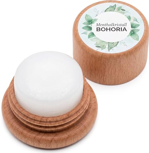BOHORIA Mentol piedra natural para migraña – 7 g en crisol de madera – Cristal de mentol refrescante para la frente y el cuello para dolores de cabeza, masaje y spa, mentol de cristal puro (L-mentol