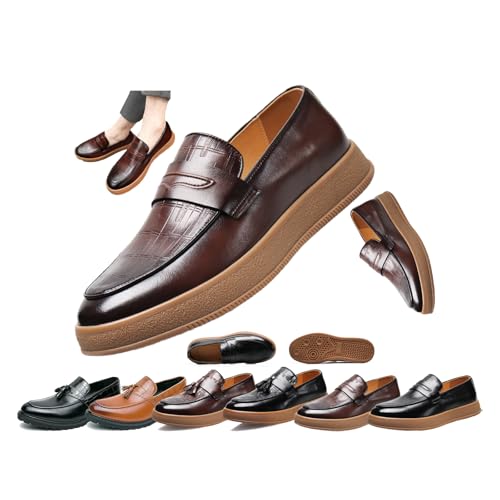 Men's Plaid Pattern Leather Slip On Tassel Loafers, Retro Round Toe Non-Slip Comfort Slip-On, Flat Penny Loafer for Dating Business Party