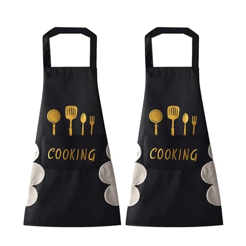 DILLMAN Women Kitchen Apron with Hand Wipe Pockets，Big Pocket,Hand-wiping, Waterproof for Cooking Baking, Black + Black, Large
