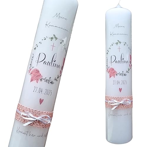 Taufkerze, Kommunionkerze -Paulina- für Mädchen mit Blumenkranz...