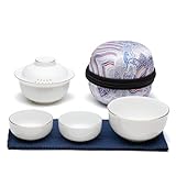 SILINE Ceramic Travel Gaiwan Kungfu Tea Set,Chinese Suet Jade White Porcelain Tea Bowl Set,Portable for Home Business Outdoor Hotel (White)