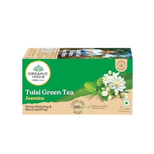 Image of A TATA Product - Organic India Tulsi Green Tea Jasmine - 25 Tea Bags, Certified Organic, Stress Relief, Mood Uplifting, Antioxidant Power, Soothing Jasmine Blend