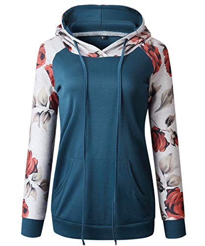 Begonia.K Women's Floral Print Long Sleeve Hoodies Drawstring Casual Top Sweatshirt with Pockets (Blue, Small)