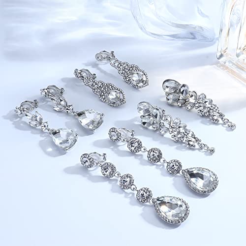 Thunaraz 4 Pairs Elegant Clip On Earrings For Women Crystal Teardrop Wedding Earrings Clip On Rhinestone Formal Chandelier Dangle Earrings For Brides Bridesmaids Non Pierced Jewelry #TOP3
