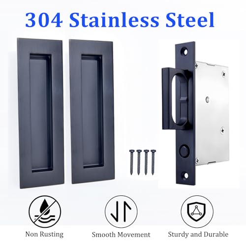 Image of Dontay Sliding Pocket Door Handles, 304 Stainless Steel Non Locking Pocket Door Hardware, Recessed Flush Finger Pulls, Heavy Duty Edge Pull with Pop Out Ring Pull (Matte Black (1 Set), 6 Inch)