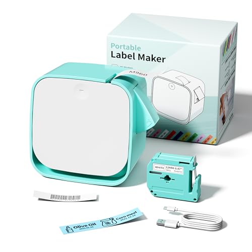 Label Maker Machine with Tape, M960 Portable Bluetooth Labeler Thermal Label Printer, Handheld Mini Label Maker with Type-C Charging, Compatible Android and iOS for School Home and Office, Green