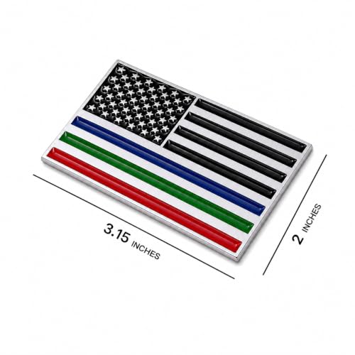 Image of Thin Line American Flag Car Emblem, 3.15 x 2 Inch Metal USA Flag Badge with Blue Red Green Lines, Patriotic Auto Decal for Cars Trucks SUVs, First Responders Police Firefighters Military Support