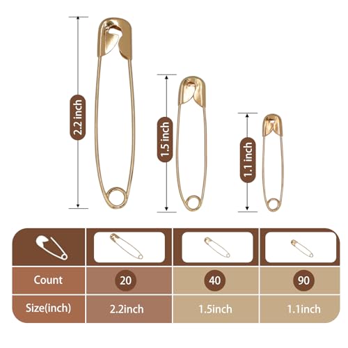Image of XKDOUS 150 Pack Safety Pins for Clothes 3 Universal Assorted Sizes, Gold | Small & Large Safety Pin, Strong Heavy Duty Sharp Edge Pins Bulk, Fasteners for Clothing, Sewing, Crafting