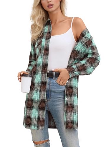 Image of SANGTREE Women and Girls Oversized Flannel Plaid Shirt Mid-Length Casual Button Down Shirt with Pockets