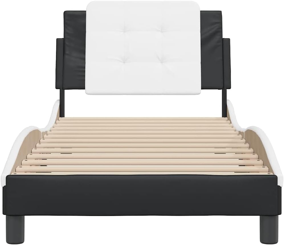 vidaXL Twin Bed Frame - Black and White - Modern Faux Leather with Headboard Cushion - 39.4"x74.8"