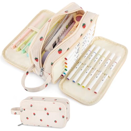 YILANCOL Cute Corduroy Pencil Case Pouch with Handle Extra Large 4 Compartment Aesthetic Pen Case Pouch Organizer Gifts for Teen Girls School College Birthday Gifts (Beige Strawberry)