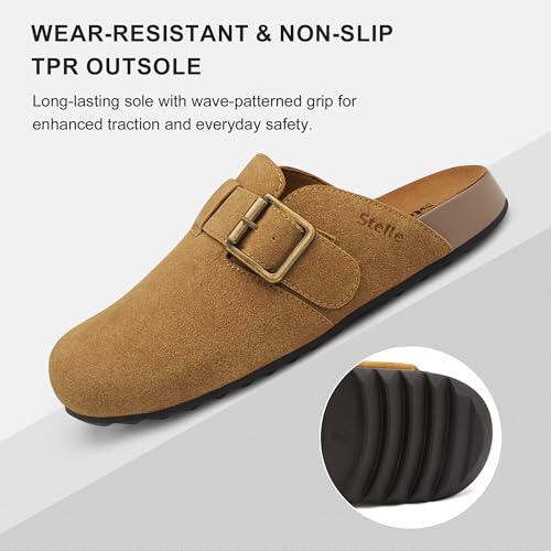 Stelle Suede Clogs for Women Men Potato Shoes with Arch Support Leather Cork Footbed Mules Slip on Home Slippers(Caramel,6) — view 5
