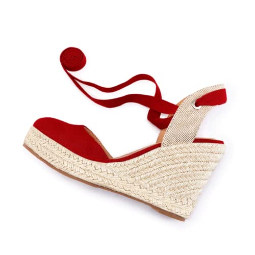 Image of Nailyhome Women's Espadrille Wedge Sandals Closed Toe Lace Up Platform Ankle Wrap Summer Casual Shoes
