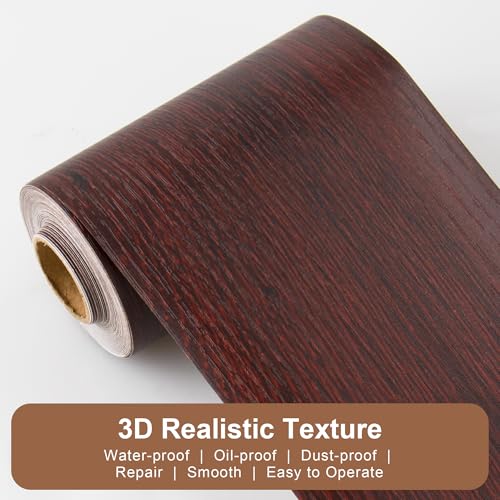 Image of JUNART Wood Grain Repair Tape(10cmx1000cm), Self-Adhesive Waterproof Realistic Textured Repair Duct Tape for Tables, Baseboards, Doors, Windows, and Floors with Plastic Scraper(Red Rosewood)