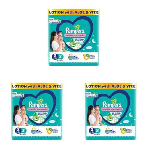 Image of Pampers Complete Skin Comfort Pants, Anti-rash blanket, Lotion with Vitamin E & Aloe Vera, Small size baby Diapers, (S) 30 Count, 4-8 kg (Pack of 3)