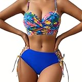 Bikini-Set für Damen, tropisches Blumenmuster, Push-Up-Bügel-Top mit...