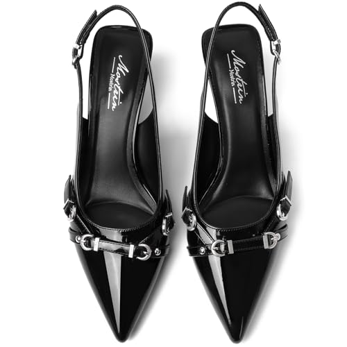 Mostrin Black Slingback Kitten Heels Pointed Toe Pumps Patent Leather Low Heel Dress Shoes for Dating Party Working Size 11 by Mostrin - Image 9