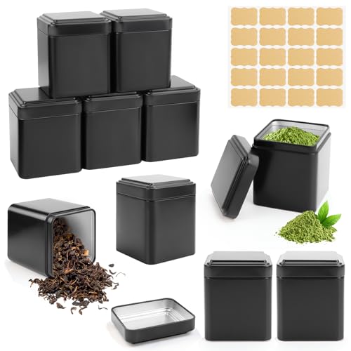 NCTNCX 10 cajas de té clásicas rectangulares, 7 x 7 x 8,5 cm, de metal, para té suelto, incluye 20 etiquetas, color negro, también ideal como lata de harina o especias (10)