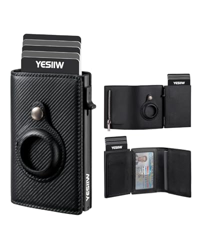 YESIIW Airtag Wallet for Men, RFID Blocking Wallet Pop Up Card Holder, Smart Wallet Apple AirTag Holder, Minimalist Trifold Leather Wallet with ID Window, Cash Slot (Fine Stripe Black)