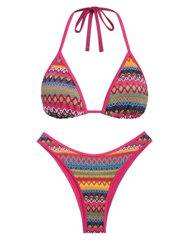 Image of seamoly Women's Bikini Sets Halter Neck Crochet Colorblock Two Piece Swimsuits Open Back Sexy High Cut Thong Bathing Suit