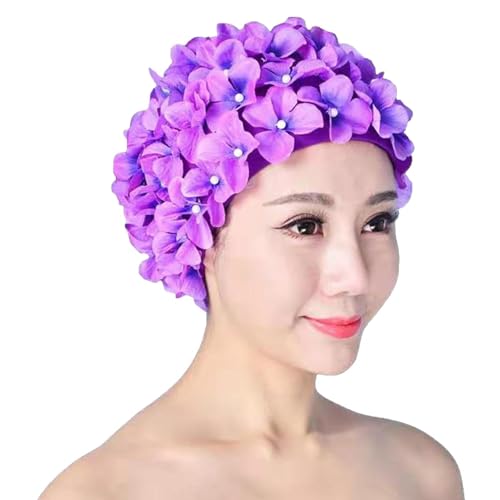 Flower Swim Cap - Brocade Tamaño libre, Sombrero de baño Vintage, estilo pétalo esculpido | Soft Stretch Comfort Fit, gorra de natación floral, cubierta de cabello de las mujeres para la playa