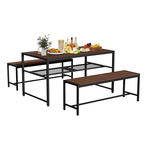 55'' Outdoor Picnic Table and Bench Set with 2' Umbrella Hole and Storage Shelf, Patio Dining Set for 6 People, Outdoor Dining Table and Chair for Garden Yard Porch- Brown