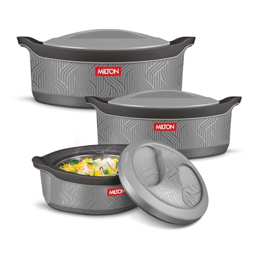 Image of Milton Evoke Jr. Gift Set PU Insulated Inner Stainless Steel Casserole, Set of 3 (450 ml,850 ml,1240 ml), Grey, BPA Free, Food Grade, Hot and Cold, Easy to Carry, Easy to Store,Chapati,Roti,Curd Maker