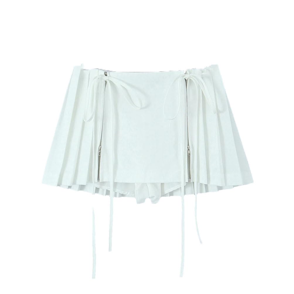 Minigonna da donna a pieghe con coulisse, mini gonna in pizzo con fiocco e cerniera