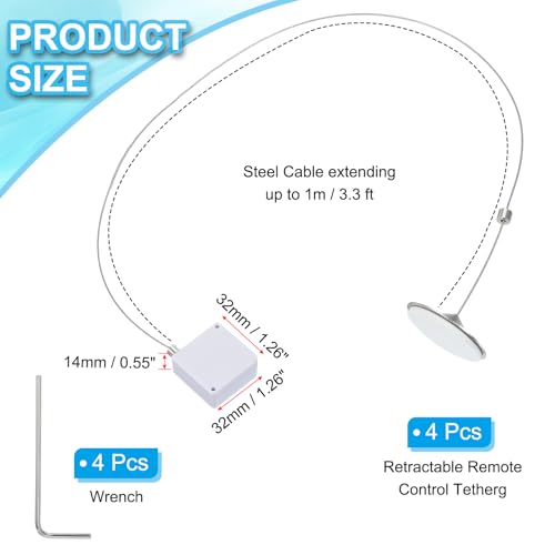 Image of PATIKIL 3.3 Ft Retractable Remote Control Tether, 4 Pcs Square Security Cable Lanyard Lock Pause Style with Adjustable Clasp Adhesive for TV Remote Controller, White(Round Iron Cap)