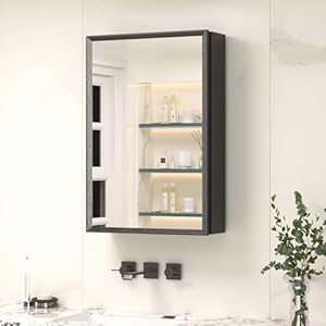 Keonjinn Spiegelschrank Bad, 41x61x9.2cm, Montage Erforderlich, Schwarz Aluminiumrahmen Badezimmerschrank mit Spiegel und Verstellbares Ablage, Wandschrank, Hängeschrank, Badspiegel Eintürig
