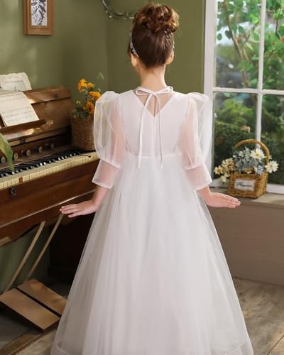 Tulle Flower Girl Dress for Wedding Puffy 3/4 Sleeves Floor-Length First Communion Dress with Beads4