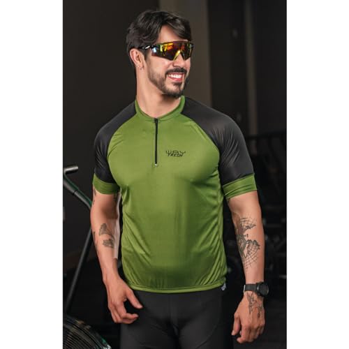 Camisa de Ciclismo Masculina Manga Curta Way Fresh Verde Militar Proteção UV Slim Confortável Pro Bi