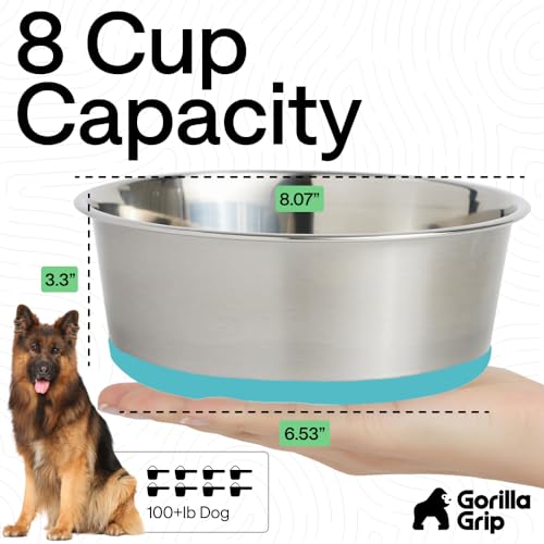 Image of GORILLA GRIP Dog Bowls, Food Grade 304 Stainless Steel Holds 8 Cups Each (64 fl oz) Food and Water Bowl for Feeding Dogs and Cats Dishwasher Safe Rust Resistant BPA Free Rubber Base Set of 2 Turquoise