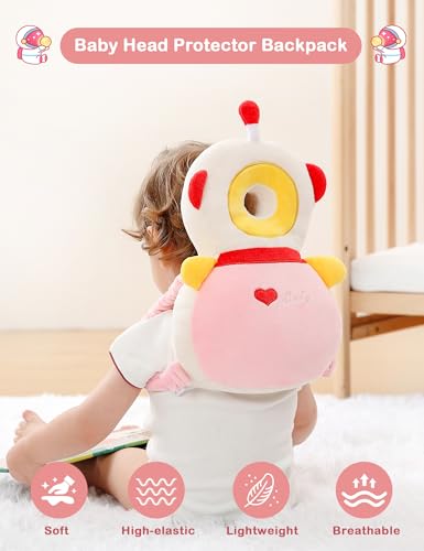 Image of JunNeng Baby Head Protector Backpack for Walking Crawling, Robot Pink | Soft, Breathable, Adjustable, Baby Fall Back Head Protector for Falling