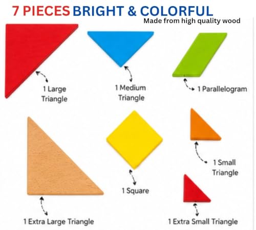 Image of Wooden Tangram Puzzle for Kids, 7 Piece Educational Brain Teaser Puzzle Game, Colourful Wooden IQ Learning Toy, Shape Matching & Pattern Building Travel Game for Boys & Girls Age 3+ Years