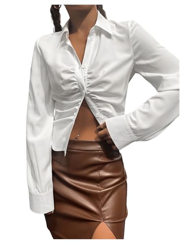 GORGLITTER Women's Fitted Button Down Shirts Y2k Ruched Long Sleeve Collared Tops Corporate Outfits 20254