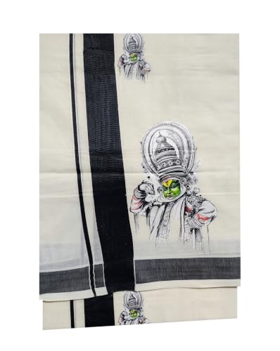 Image of Mens Print along with Border 100% Cotton Cream Dhoti 4.00 Meters Double Mundu /Vesti