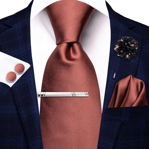 Image of Hi-Tie Solid Burnt Orange Tie Set Men Formal Necktie and Pocket Square Lapel Pin Silver Tie Clip Cufflinks Set Wedding Business 6PCS