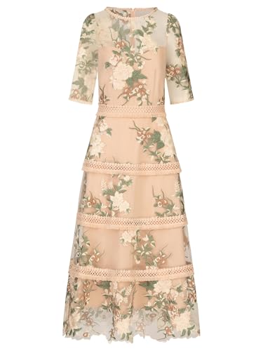 APART Besticktes Midikleid Allover Bestickt mit plastischem Blumenmuster, Nude-Multicolor, 40