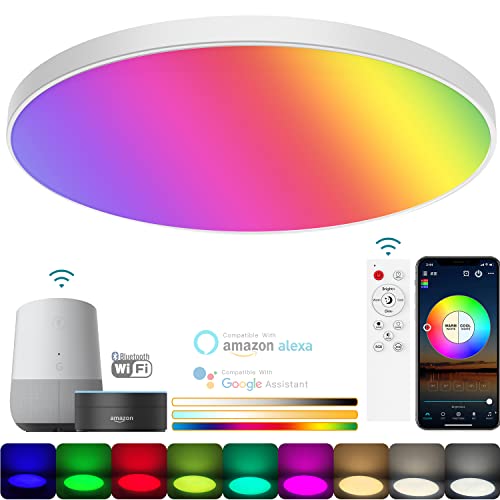 Plafonnier LED RGB Dimmable 30W Ronde Lampe de Plafond Chambre avec Télécommande et APP, Compatible Alexa Google Home Bluetooth Wifi Contrôle, IP26, pour Salle de bain Chambre Enfants Cuisine, Ø30cm