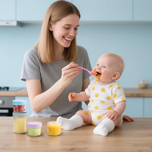 image for DRKIO 6 Pack Glass Baby Food Storage Containers - 4 & 8 oz Baby Food J