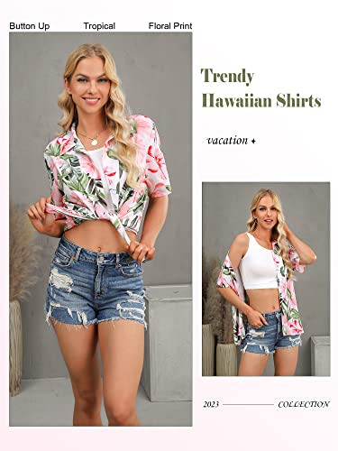 Zxzy Women Summer Hawaii Shirts Soft Cool Floral Tropic Print Short Sleeve Button Up Tops T-Shirt Green #TOP5