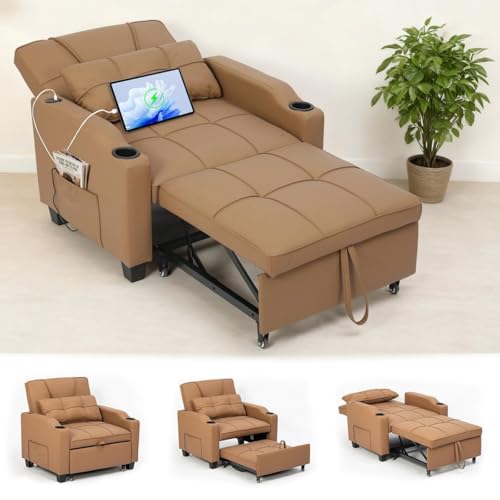 Image of Sleeper Chair Pull Out Bed, 4 in 1 Convertible Sofa Chair Bed with Vibration Massage Lumbar Pillow, Single Sofa Recliner with USB/Type-C Port, Cup Holders and Side Pocket for Small Spaces (Brown)