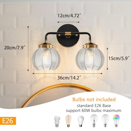 Image of Mid Century Modern Wall Sconce Bathroom Light fixtures 2 Light Ribbed Globe Sconces Vanity Lighting Fixture Black and Gold Vanity Lights Double Wall sconces with Clear Glass Shades